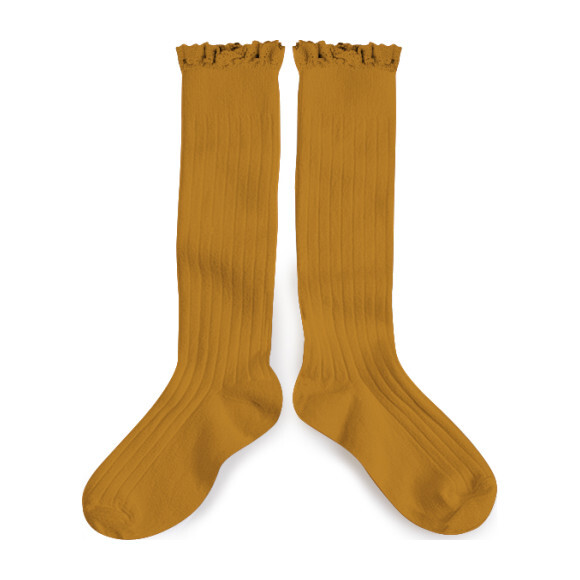 Collégien Lace Trim Knee High Socks, Ochre - Socks - 1