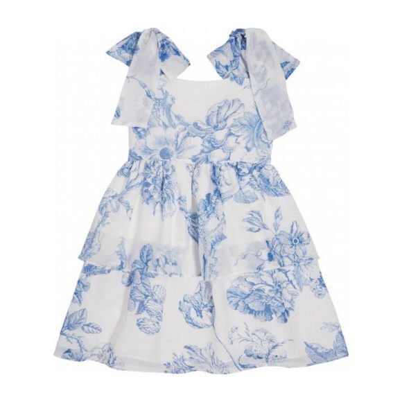Floral Toile Silk Chiffon Tiered Dress, Blue - Dresses - 1