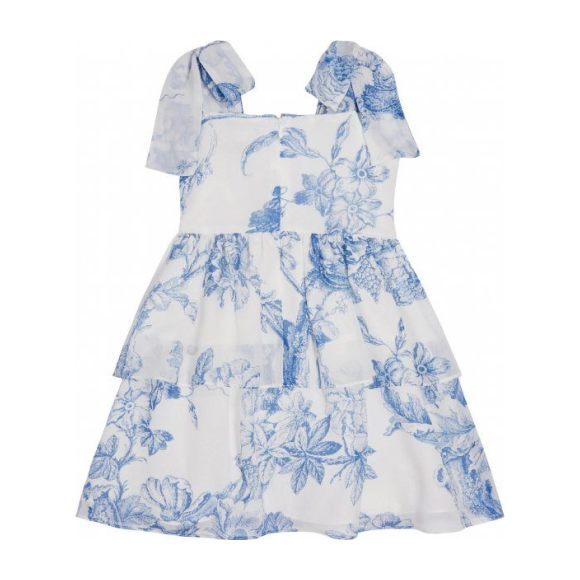 Floral Toile Silk Chiffon Tiered Dress, Blue - Dresses - 2