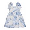 Floral Toile Silk Chiffon Tiered Dress, Blue - Dresses - 2