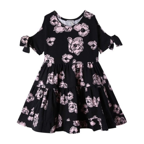 Emma Cold Shoulder Tiered Dress, Pink Poppies - Dresses - 1