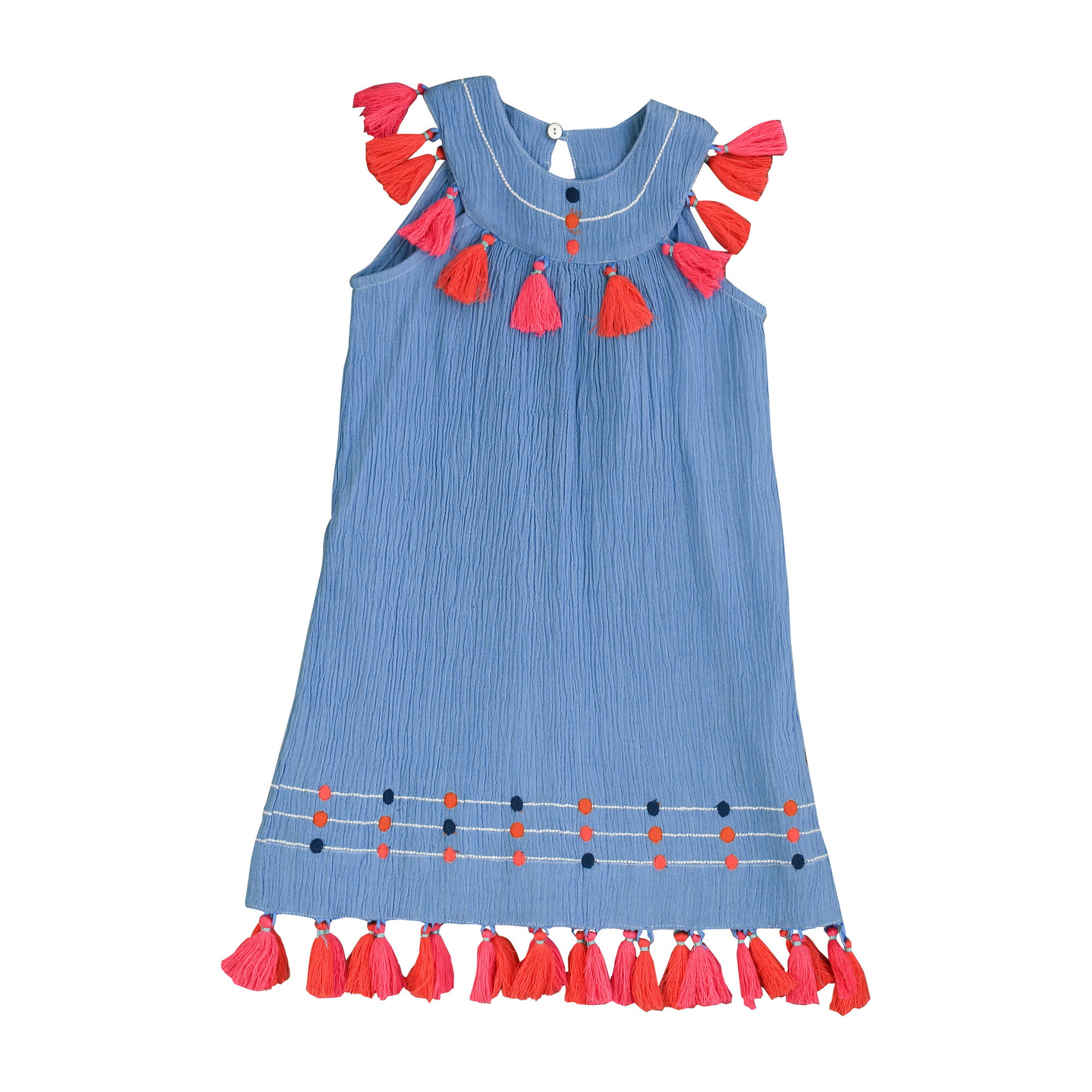 Katrina Tassel Dress, Blue Embroidery Kids Girl Clothing Dresses