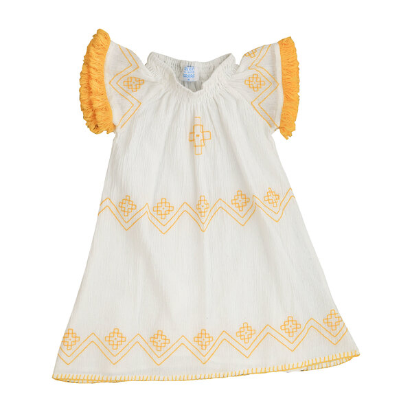 Hadley Smocked Tunic Dress White with Yellow Fringe