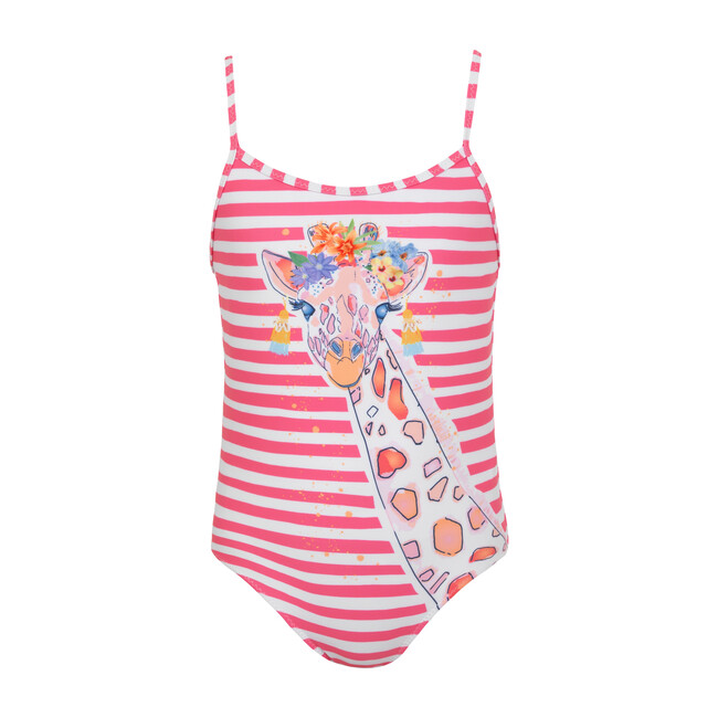 Girls Stripe Giraffe Strappy Swimsuit, Hot Pink - Sunuva Swim | Maisonette
