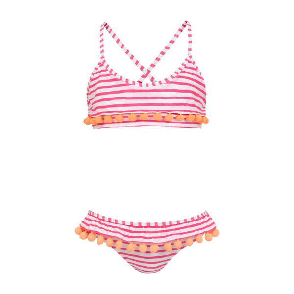 Girls Stripe Pom Pom Frill Bikini, Hot Pink - Sunuva Swim | Maisonette