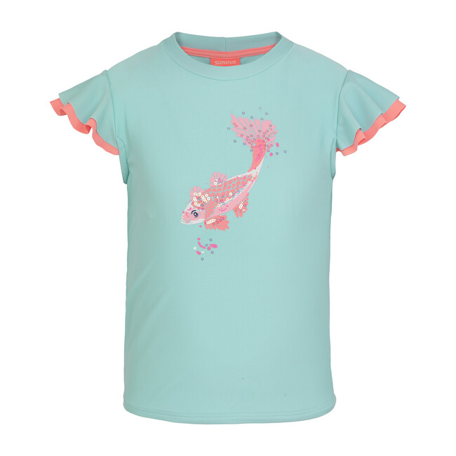 Girls Koi Carp Short Sleeve Rashguard, Aqua - Rash Guards - 1