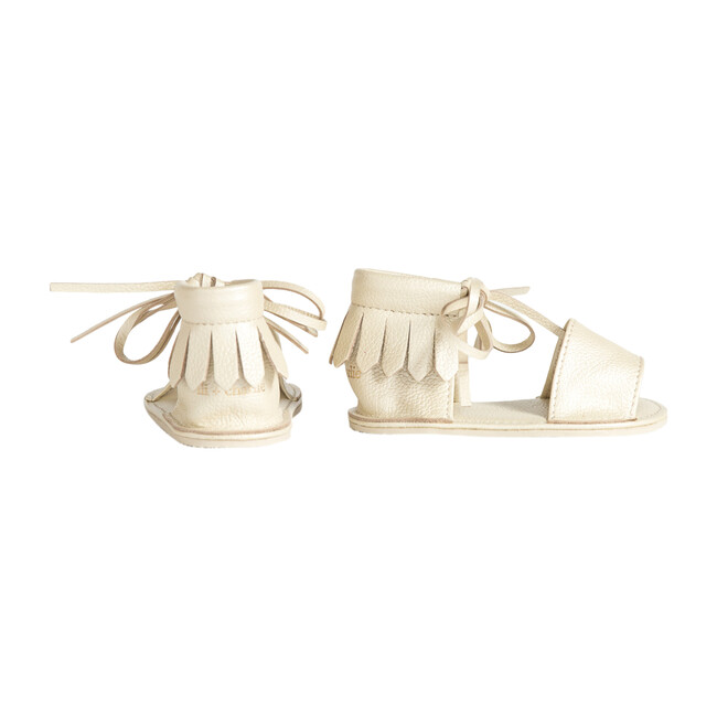 Boho Fringed Sandals, Metallic Sand Shell