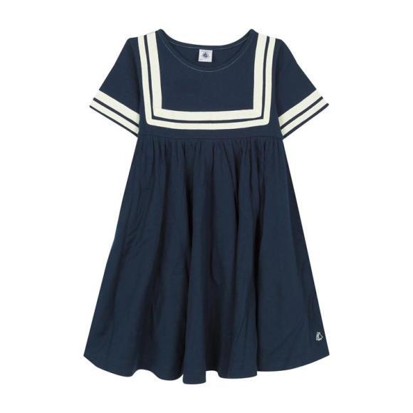 Petit Bateau Child Sailor Dress With Striped Yoke And Sleeves Navy Blue - Dresses - 1