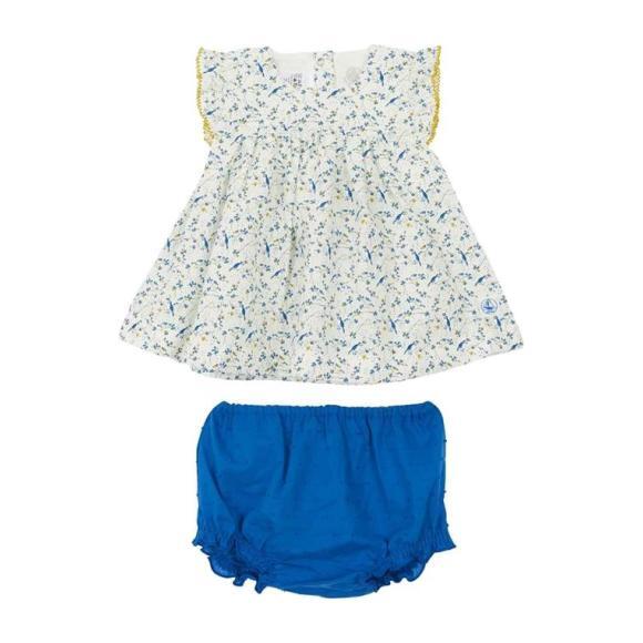 Petit Bateau Baby Two Piece Set Short Sleeved Dress With Bloomers White With Blue Bird Print - Dresses - 1