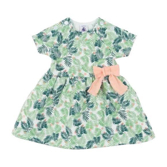Petit Bateau Baby Short Sleeved Dress With Bow White With Green Leaf Print - Dresses - 1