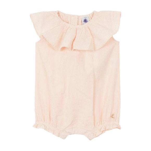 Petit Bateau Baby Seersucker Romper With Ruffle Collar Pink And White Stripes - Rompers - 1