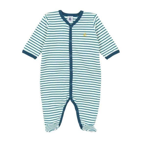 Petit Bateau Baby Pyjamas With Feet White With Teal Blue Stripes - Pajamas - 1