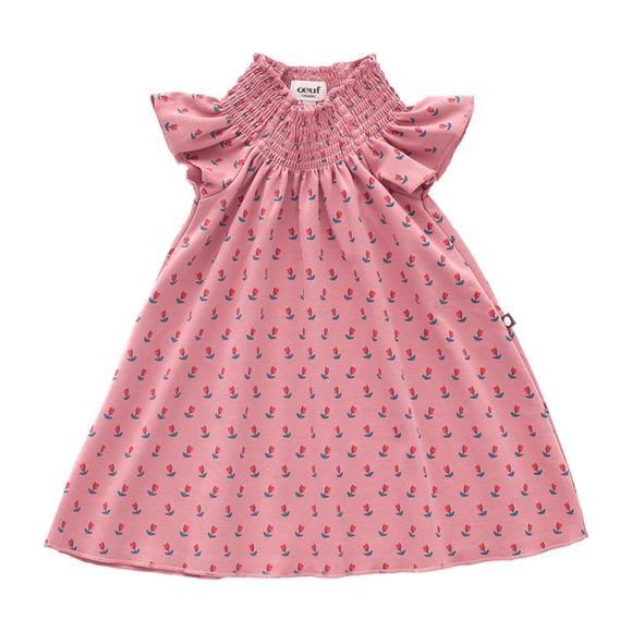 Oeuf Baby And Child Smock Neck Dress Dark Pink With Tulip Print - Dresses - 1