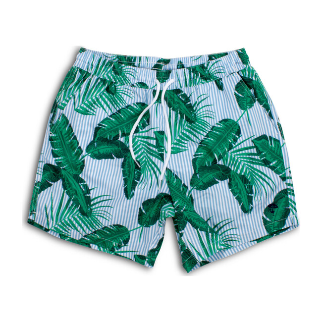 Mens Swim Trunks, Botanical Palm with Blue Pinstripes - Swim Trunks - 1