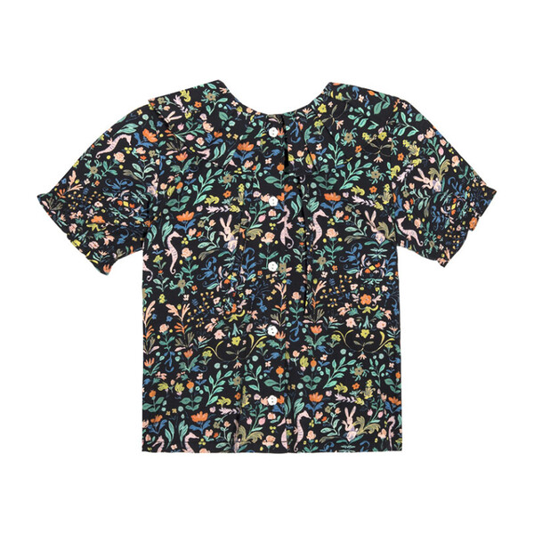 Lily Short Sleeve Ruffle Collar Blouse, Midnight Flowers & Rabbits