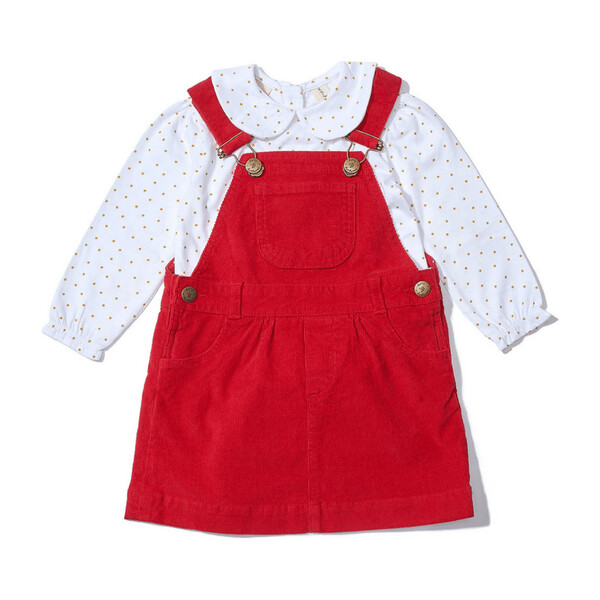 red overall dress