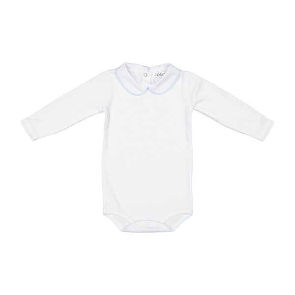 Long Sleeved Collared Bodysuit, White with Blue Trim - Baby Boy ...