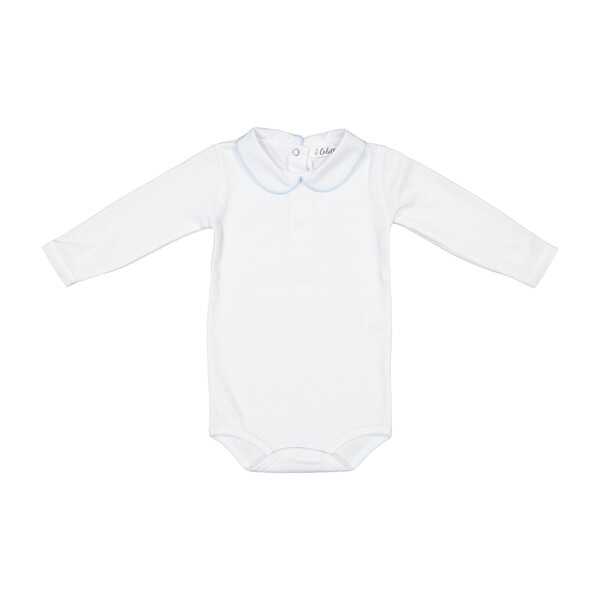 Long Sleeved Collared Bodysuit, White with Blue Trim Baby Boy