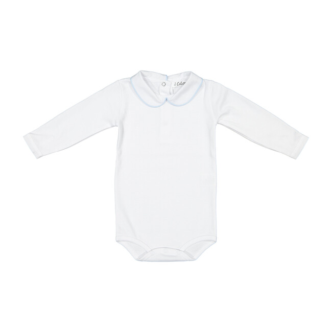 Long Sleeved Collared Bodysuit, White with Blue Trim - Onesies - 1