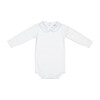 Long Sleeved Collared Bodysuit, White with Blue Trim - Onesies - 1 - thumbnail