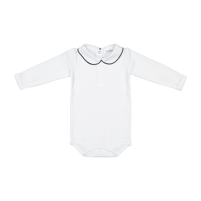 Long Sleeved Collared Bodysuit, White with Navy Trim - Onesies - 1