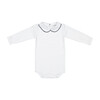 Long Sleeved Collared Bodysuit, White with Navy Trim - Onesies - 1 - thumbnail
