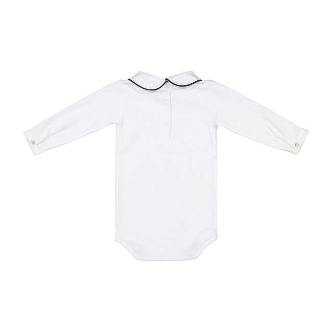 Long Sleeved Collared Bodysuit, White with Navy Trim - Onesies - 2