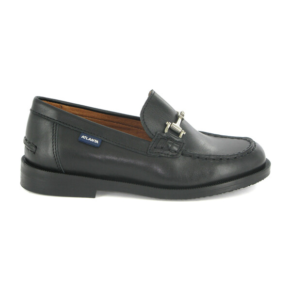 black loafers with silver buckle