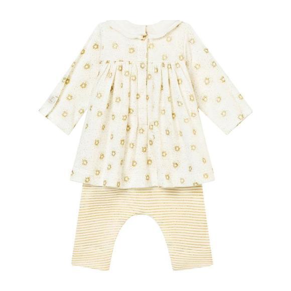 Baby Dress with Attached Leggings, White with Gold Sparkles and Stripes - Dresses - 1