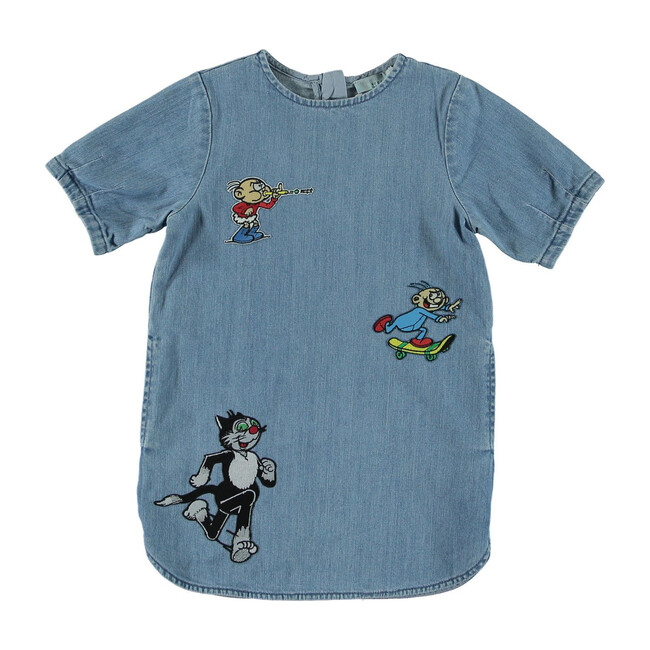 Bess Denim Shift Dress with Cartoon Embroidery, Blue - Dresses - 1