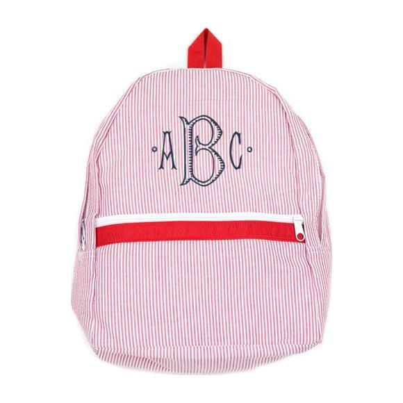 Monogrammed Seersucker Medium Backpack, Red - Backpacks - 1