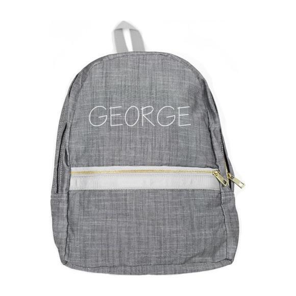 Monogrammed Chambray Medium Backpack, Grey - Backpacks - 1