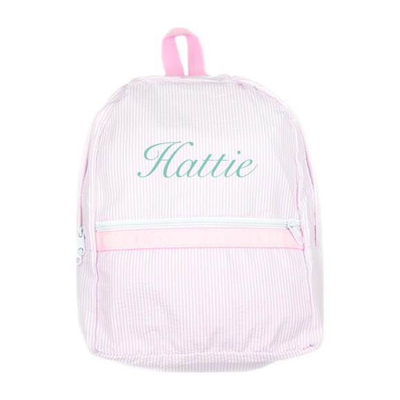 Monogrammed Seersucker Medium Backpack, Pink - Backpacks - 1