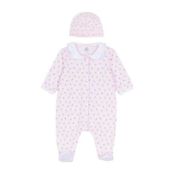 Baby Floral Sleepsuit and Bonnet, Pink - Onesies - 1
