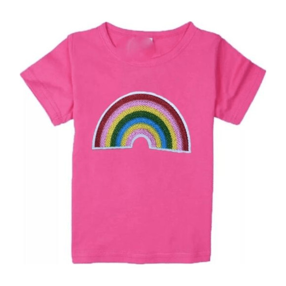 Happy Rainbow Patch T Shirt, Pink - Kids Girl Clothing Tops - Maisonette