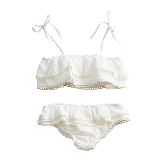 Embroidered Ruffle Bikini Set, Ecru - Two Pieces - 1