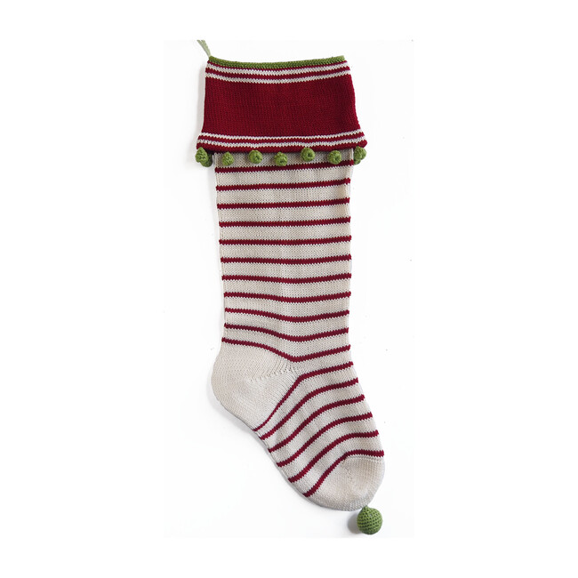 Thin Stripe Stocking, Smooth Cuff with Stripes, Ecru/Red