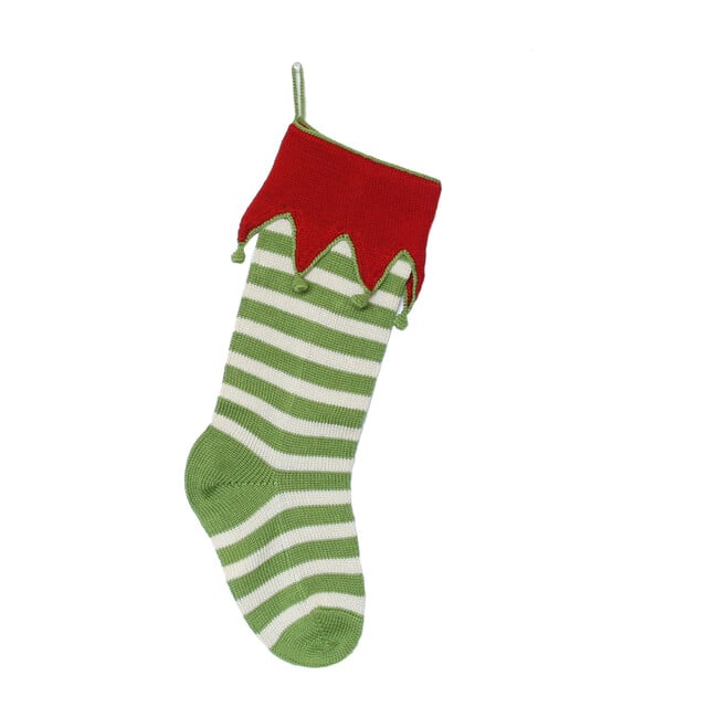Elf Cuff Stripe Stocking, Green & Ecru with Red Cuff