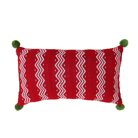 Zig Zag Lumbar Pillow with Pom Poms, Red