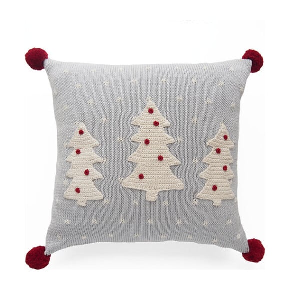 Three Tree Pillow with Pom Poms, Grey/Red