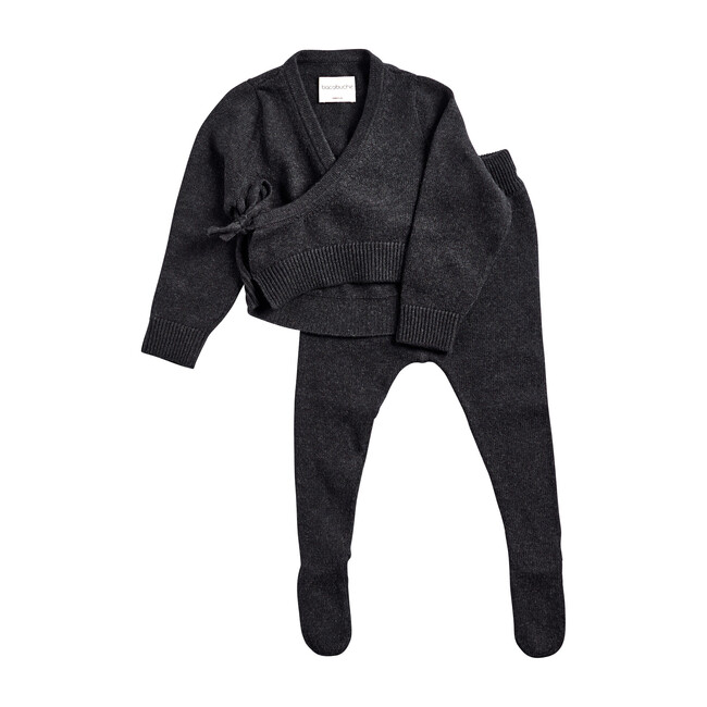 Knit Kimono Top & Footie Set, Black Charcoal - Sweaters - 1