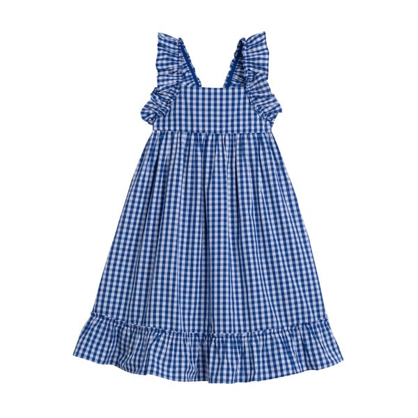 Mila Ruffle Tie Back Dress, Royal Blue Gingham