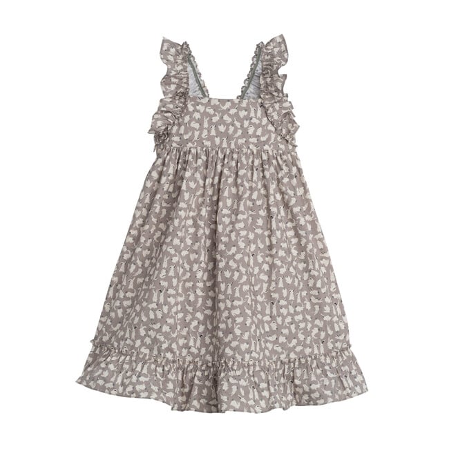 Mila Ruffle Tie Back Dress, Grey Scattered Bunnies