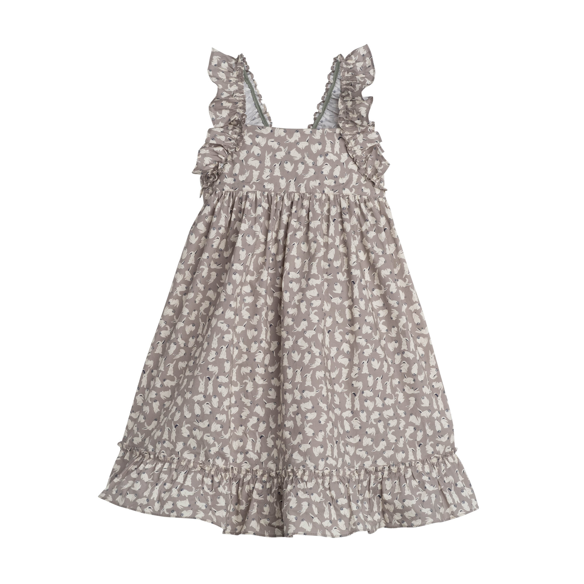 Mila Ruffle Tie Back Dress, Grey Scattered Bunnies