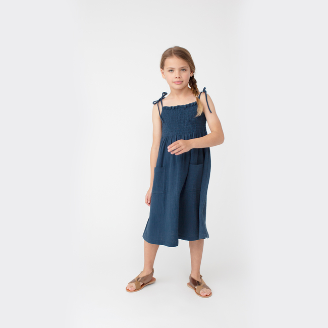 Rosie Smocked Dress, Navy Cotton Muslin