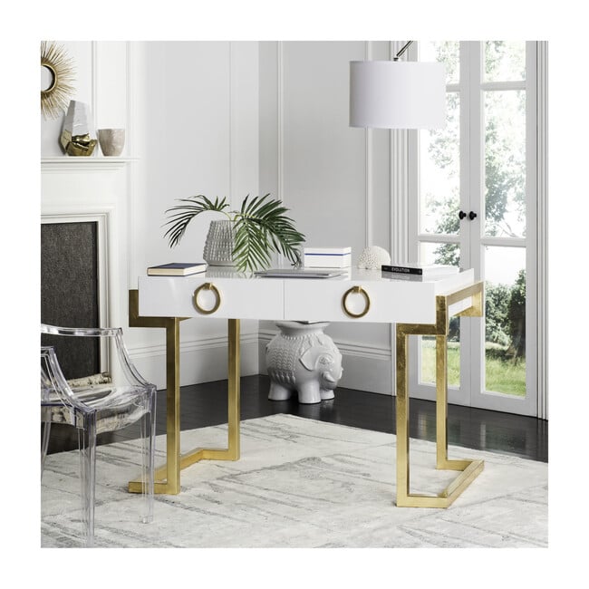 Maia 2-Drawer Desk, White/Gold Leaf