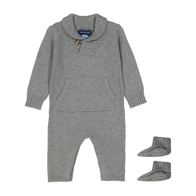 Shawl Collar Onesie & Booties, Grey & Blue