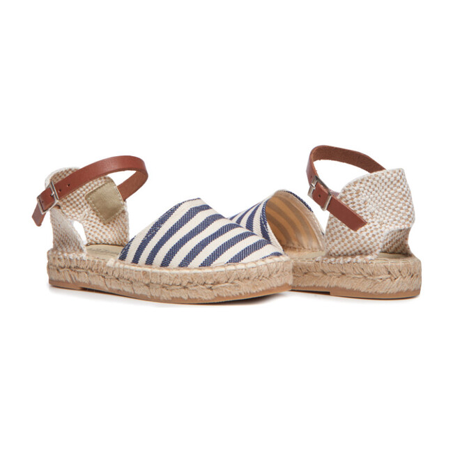 *Exclusive* Linen Espadrilles with Leather Strap, Navy Stripes