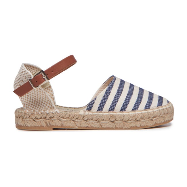 *Exclusive* Linen Espadrilles with Leather Strap, Navy Stripes