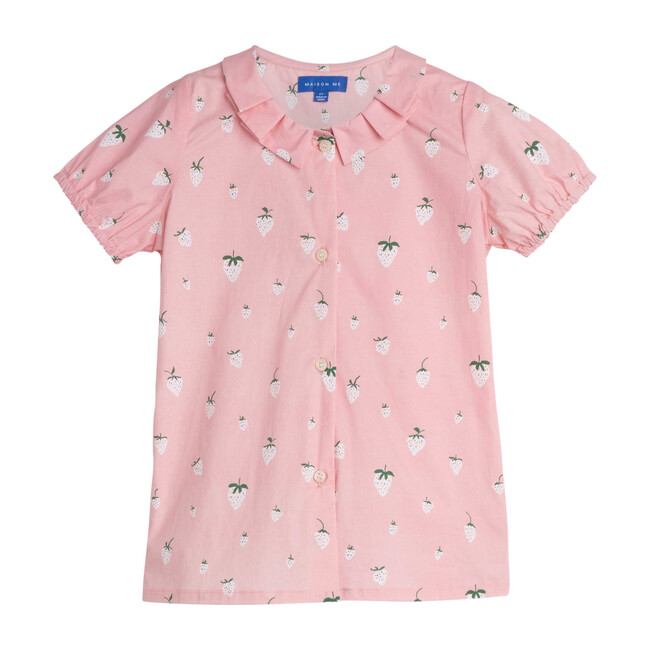 Stella Short Sleeve Pleated Collar Top, Pink Strawberries